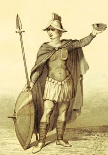Saxon leader, man, weapons, spear, shield, helmet, breastplate, cape, upper body, leg protection,