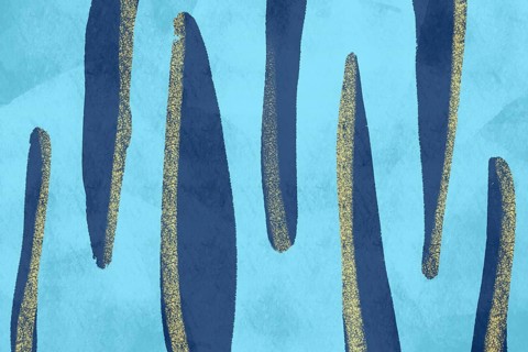 An artistic digital illustration featuring long, curving vertical shapes in shades of blue with