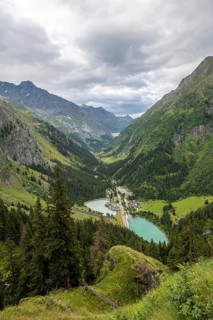 Val de Bagnes valley with the village of Fionnay and reservoirs, Valais, Western Alps, Switzerland