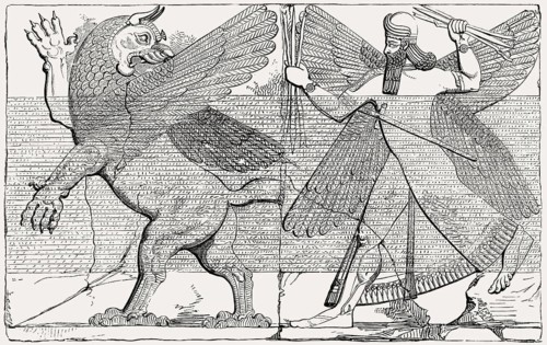 Marduk fights with the dragon to save humanity from evil, relief from Nimrud, Iraq
