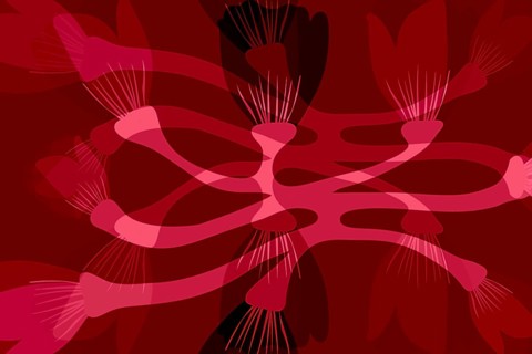 A complex design featuring abstract red floral shapes with overlapping details on a dark backdrop,