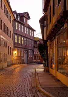 Half-timbered houses in a narrow street with cobblestones, Old Town in the evening, World Heritage