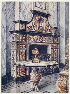 Furniture from around the turn of the century 1900, mantelpiece in coloured mosaic. Florentine.