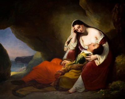 Don Juan asleep on Haidée's lap, painting by Henry Scheffer after Byron's poem Don Juan, 1827,