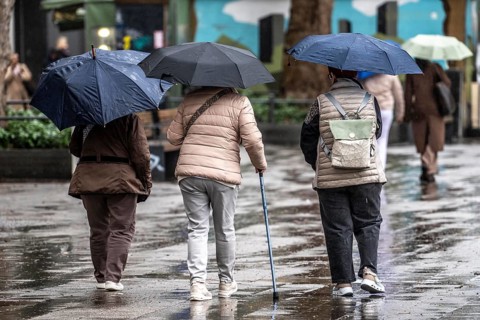 Passers-by in a pedestrian zone, Kettwiger Straße, seniors, rainy weather, city center, Essen,