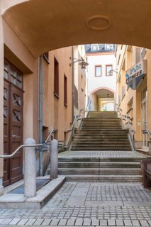 Archway at the New Town Hall with stairs at the portico, the passageway to the