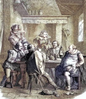 William Shakespeare with friends at the Meermaid's Tavern, coloured woodcut from 1864, men in