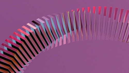A dynamic 3D render displaying metal and crystal elements, arranged in a curved pattern over a