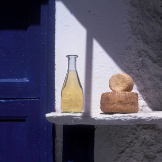 Still life, cheese and wine of the Cyclades, Naxos, Greece
