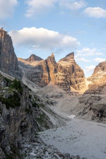 Sunset, mountain valley, Castelletto Superiore and Cima Sella peaks, back Scharte Bocca di Tuckett,