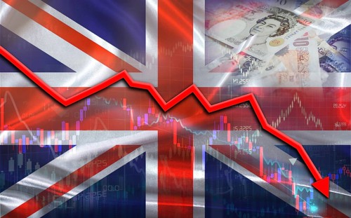 United Kingdom financial fall on economy market. United Kingdom financial crisis in a market