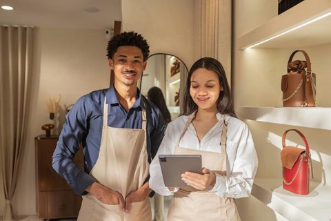 Two smiling store employees in aprons work together in a stylish, well lit bag store. They use a