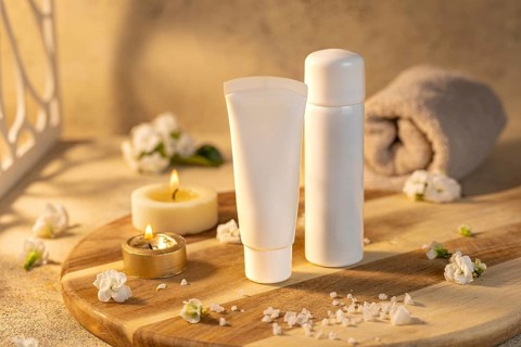 Serene spa scene featuring lit candles, skincare cosmetics, and a towel on a wooden tray.