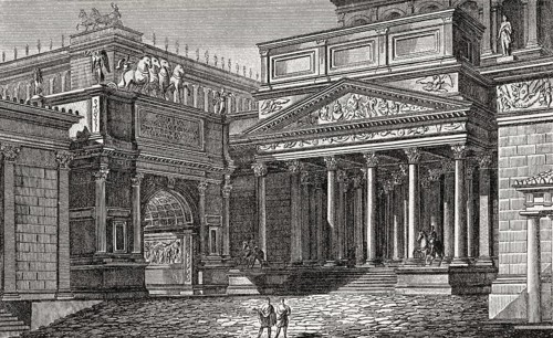 The Palace of Domitian Flavian Palace, Palatine Hill, ancient Rome, reconstruction