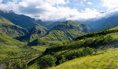 Mountains with fog at the amphitheatre, Drakensberg National Park, KwaZulu Natal, South Africa