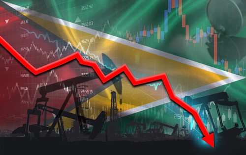 Crude crisis with Guyanese flag on financial graph. Fall oil price with flag of Guyana on economic