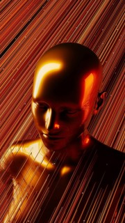 A sleek metal humanoid stands against a backdrop of vibrant, swirling lines representing artificial