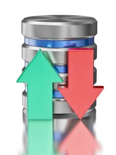 Database upload download concept, hard disk drive data storage database icon symbol with arrows