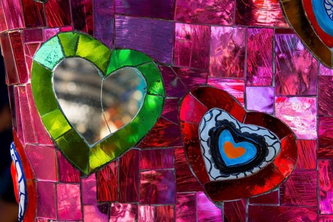 Colourful hearts made of glass and mirrors, Giardino dei Tarot, by Niki de Saint Phalle, near