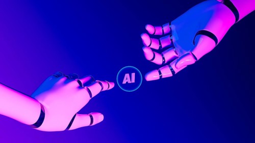 A robot hand holds a glowing bubble with the term AI, symbolizing the growing influence of