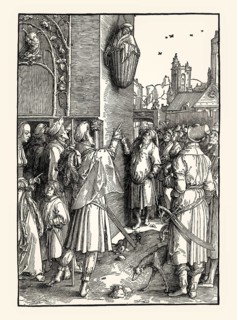 The Power of Women, Poet Virgil suspended in a basket, 1512, by Lucas van Leyden, facsimile of the