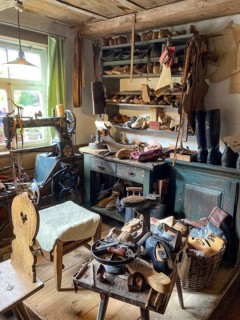Historic village rural shoemaker's workshop, shoemaker's workshop in Freilichtmuseum Neuhausen,