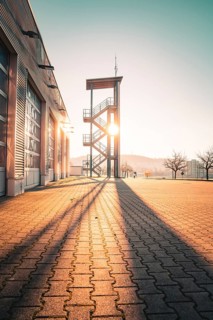 Fire station under warm light, long shadow cast, modern training tower, Althengstett, district of