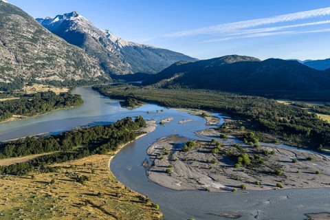 Confluence of river Rio Baker and Rio Nadis south of Cochrane, aerial view, Patagonia, Chile