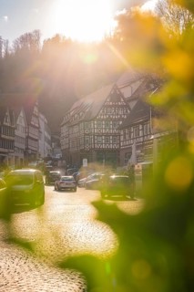 Sunlight over half-timbered houses in a village with cars on the street, Calw in spring, Black