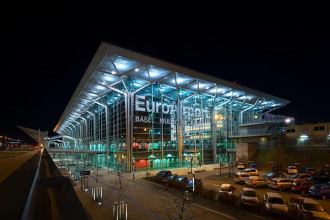 Terminal of EuroAirport Basel Mulhouse (EAP), night shot, Mulhouse, France