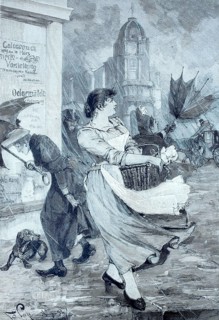 A gust of wind with rain has caught the woman and turned their umbrellas inside out, 1880, Germany,