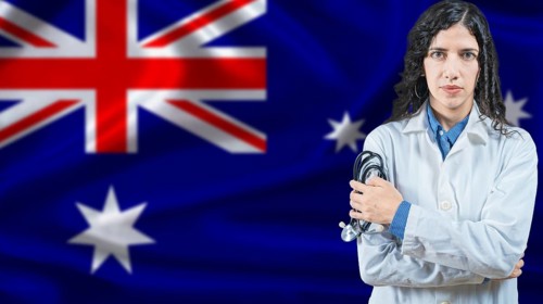 Australian national health system, Medical professional on Australia flag background