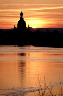 View of Church of Our Lady Dresden across the Elbe, sunset, winter, Saxony, Germany