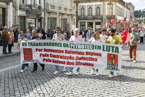 Political rally and march for May Day in city of Guimaraes, Braga district, northern Portugal,
