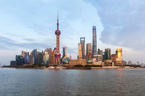 Shanghai skyline at the Bund with Oriental Pearl Tower city centre downtown Pudong in Shanghai,