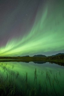 Northern lights reflected in lake, Lapporten, Abisko National Park, Lapland, Sweden