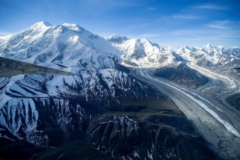 Mt Denali or Mount McKinley with glacier, aerial view, Alaska Range, Denali National Park, Alaska,