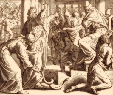 Moses and Aaron Appear before Pharaoh, Staffs to Snakes, Old Testament, by Julius Schnorr von