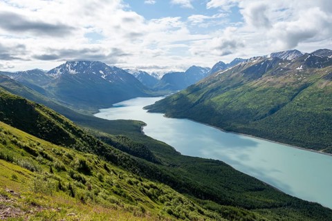 View of blue lake and mountains on Twin Peaks Trail, Eklutna Lake, Chugach Mountains, Chugach State