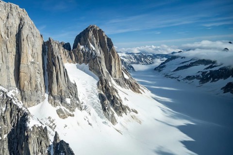 Cliffs, Kichatna Spires, snow and ice, epic mountains with glaciers, aerial view, Alaska Range,