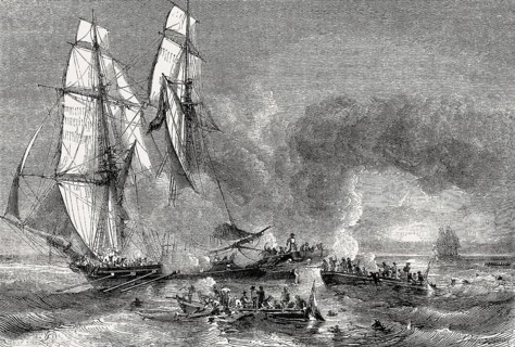 Slavery in Martinique, slave boats escaping from a military ship ridding itself of slaves, 19th