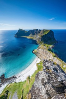 View from Håheia or Håen mountain to mountains and coast, Måstad peninsula, Værøy island, Vaeroy,