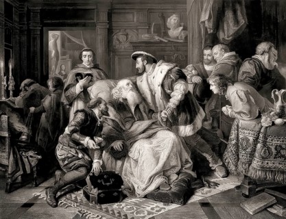 The deathbed of Leonardo da Vinci on May 2, 1519 with Francis I of France holding his head