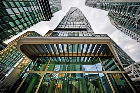 Frog's-eye view of the skyscrapers in the banking district, Four Frankfurt, Frankfurt am Main,