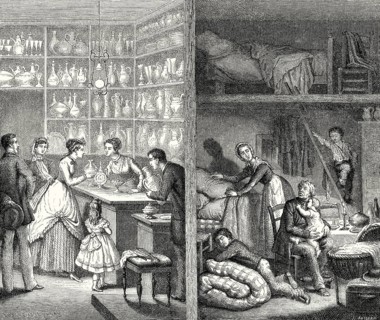 Elegant boutique and poverty, Paris, France, 19th century