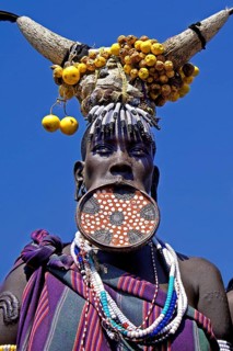 Ethiopia, Mursi woman, lip plate, plate lips, dhebi, body painting, jewelry scars, a person,
