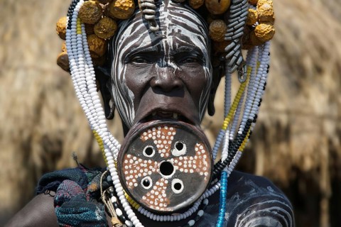 Ethiopia, Mursi woman, lip plate, plate lips, dhebi, body painting, jewelry scars, a person,