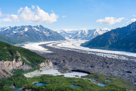 View of impressive mountain landscape with Matanuska glacier and glaciated mountain peaks, Lion's