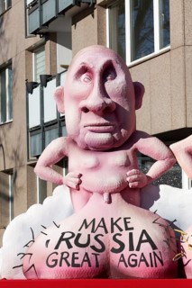 Russian President Vladimir Putin with large scrotum, Make Russia Great Again, papier-mâché figure,
