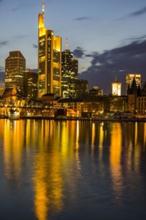 Skyline and banking district after sunset, twilight, Tower 185, Commerzbank, HelaBa, Hessische